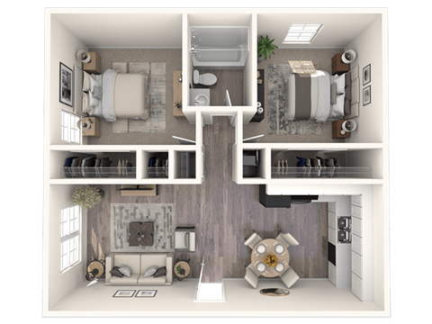 Floor plan for 2 beds, 1 bath, 975 sqft